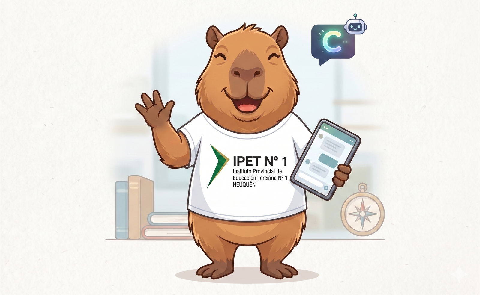 Capi, el capibara mascota del IPET Nº1, dando la bienvenida